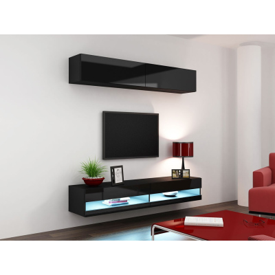 Stěna do obývacího pokoje s LED modrým osvětlením ASHTON N10 - černá / lesklá černá