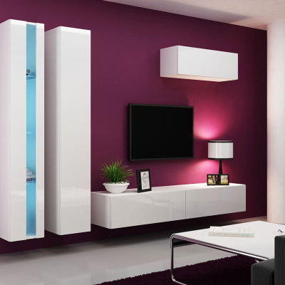 Stěna do obývacího pokoje s LED bílým osvětlením ASHTON N1 - bílá / lesklá bílá