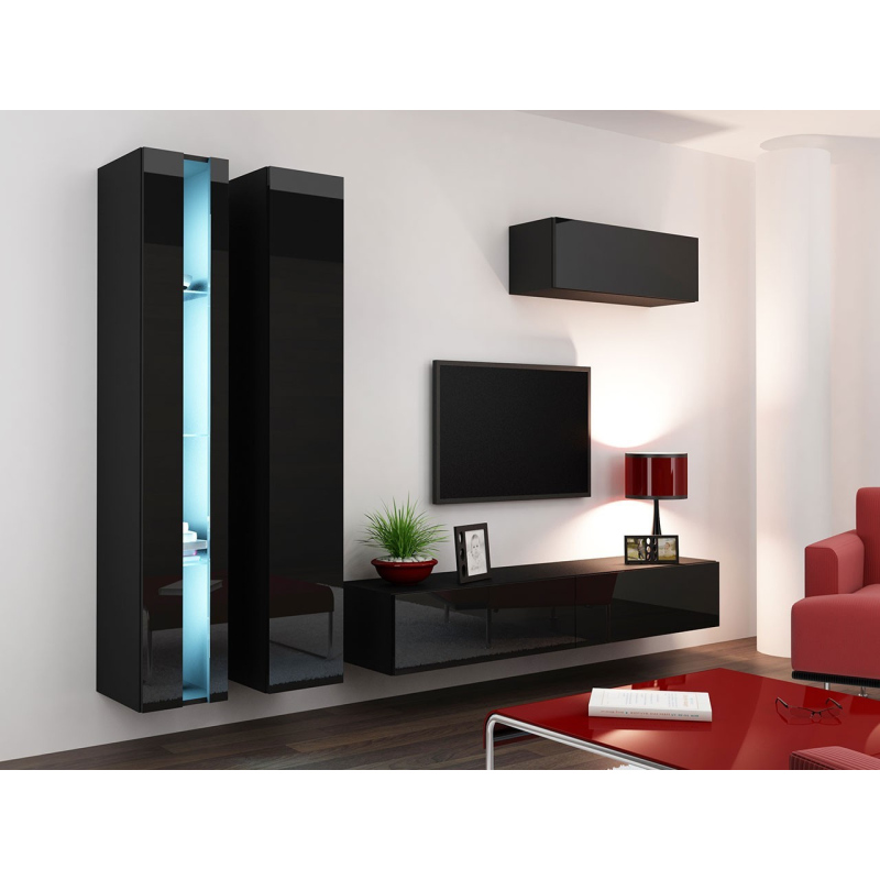 Stěna do obývacího pokoje s LED modrým osvětlením ASHTON N1 - černá / lesklá černá