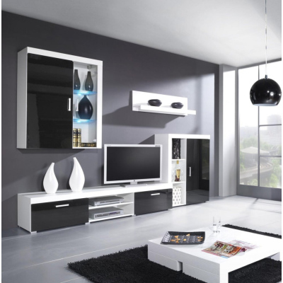 Obývací stěna s LED bílým osvětlením ITABUNA 1 - bílá / lesklá černá