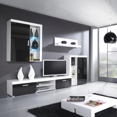 Obývací stěna s LED modrým osvětlením ITABUNA 1 - bílá / lesklá černá