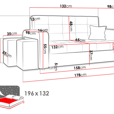 Rozkládací pohovka s taburety BELA HOME 2 - černá, levé provedení