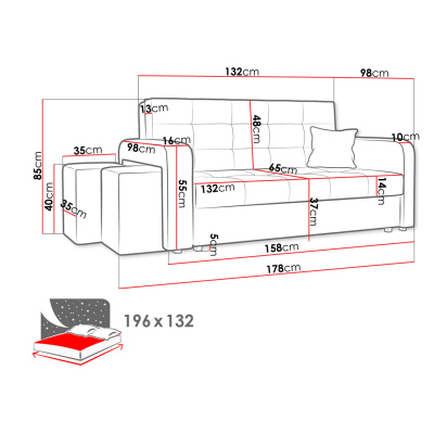 Rozkládací pohovka s taburety BELA HOME 2 - černá, levé provedení
