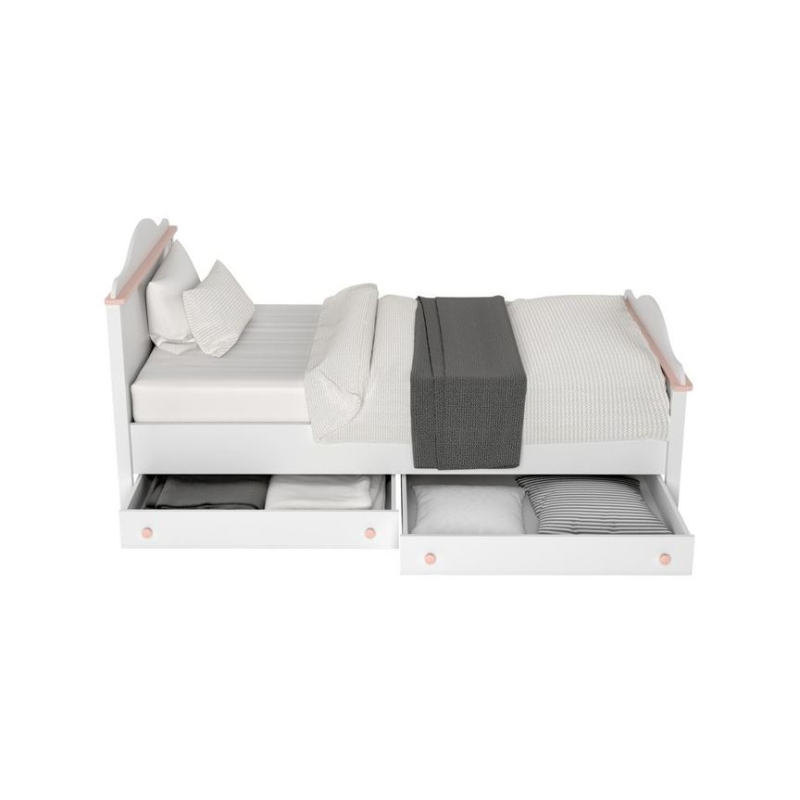 Dětská postel s roštem, matrací a šuplíkem 90x200 LEGUAN - bílá / růžová