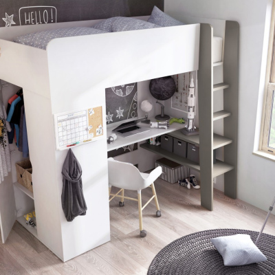 Dětská patrová postel se skříní a psacím stolem 90x200 AMSTER - bílá