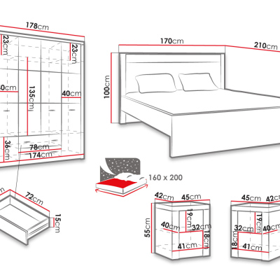 Ložnicová sestava s LED osvětlením a postelí 160x200 CHALAPATA - jasan světlý