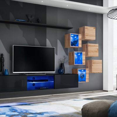 Stěna do obývacího pokoje RIONATA 21 - černá / dub wotan