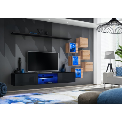 Stěna do obývacího pokoje RIONATA 21 - černá / dub wotan