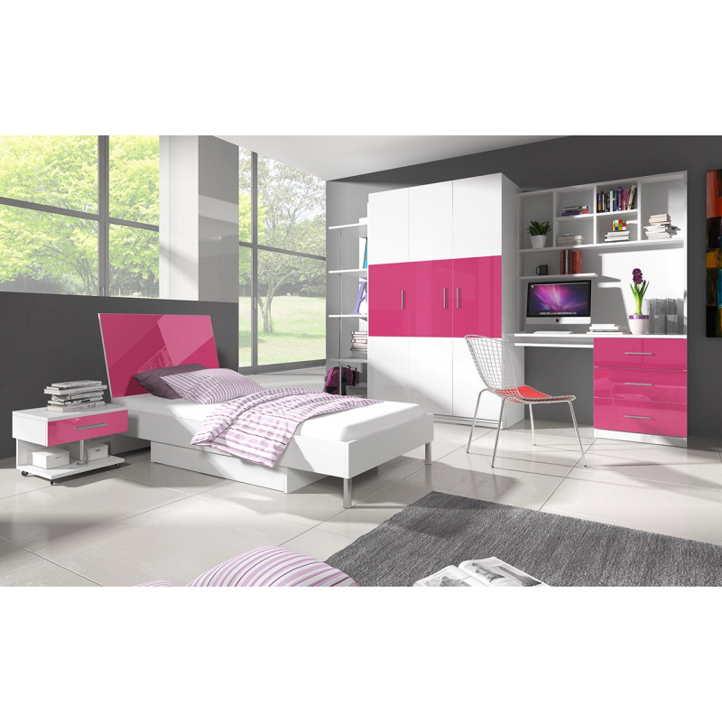 Nábytek do dětského pokoje s postelí 90x200 GORT 2 - bílý / lesklý bílý / lesklý růžový