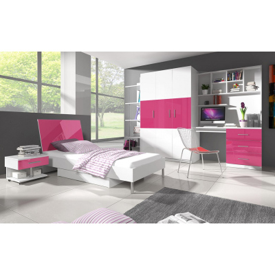 Nábytek do dětského pokoje s postelí s roštem 90x200 GORT 2 - bílý / lesklý bílý / lesklý růžový