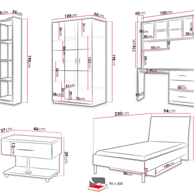 Nábytek do dětského pokoje s postelí s matrací a roštem 90x200 GORT 2 - bílý / lesklý bílý / lesklý růžový
