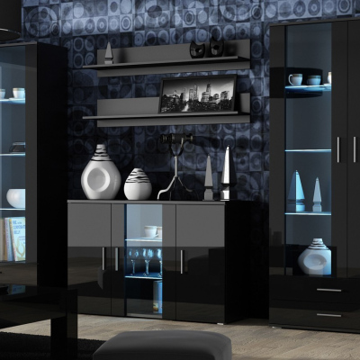 Obývací stěna s LED modrým osvětlením KARA 10 - černá / lesklá černá