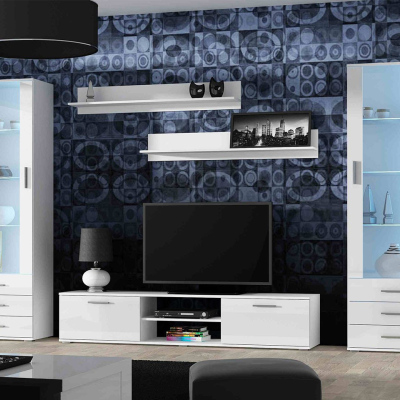 Obývací stěna s LED modrým osvětlením KARA 4 - bílá / lesklá bílá