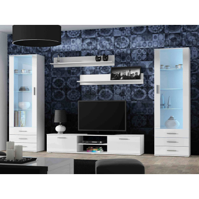 Obývací stěna s LED modrým osvětlením KARA 4 - bílá / lesklá bílá