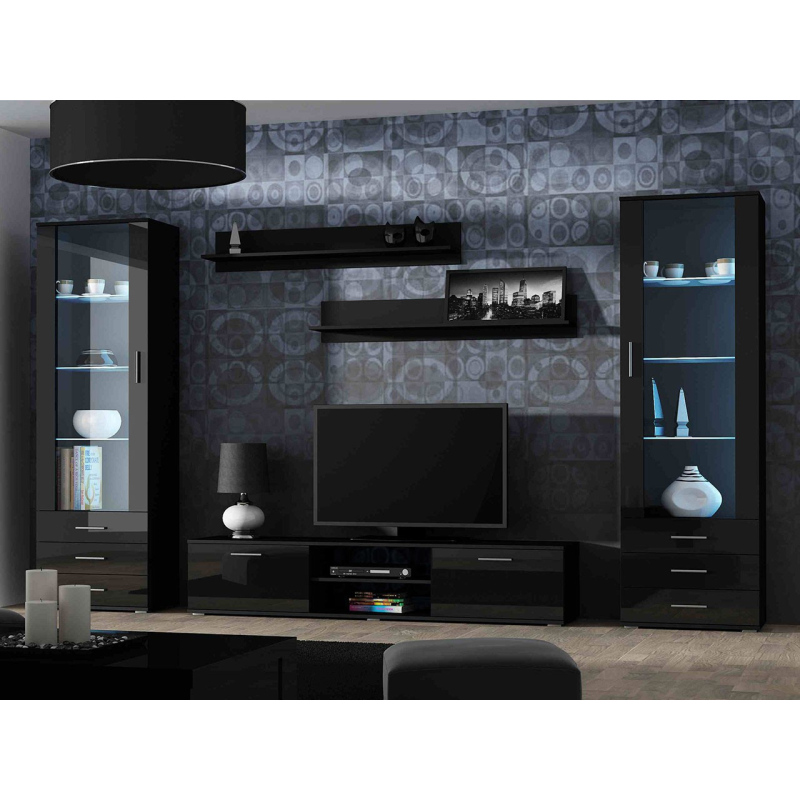 Obývací stěna s LED modrým osvětlením KARA 4 - černá / lesklá černá