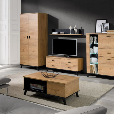 Sestava nábytku do obývacího pokoje s LED osvětlením TERESEN 3 - dub lefkas / černá