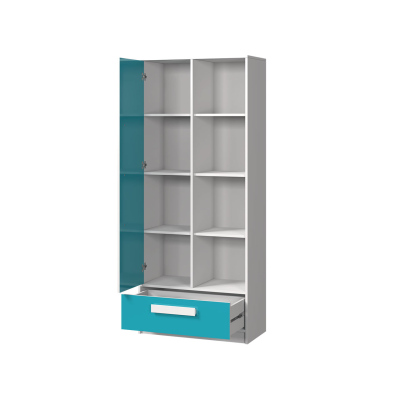 Regál do dětského pokoje TUCHIN - bílý / lesklý bílý / šedý