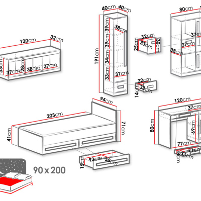 Studentský nábytek s postelí 90x200 TUCHIN 2 - bílý / lesklý tyrkysový