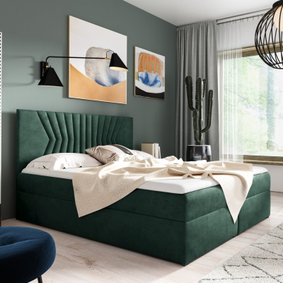 Čalouněná postel s prošívaným čelem AKIM - 120x200, zelená + topper ZDARMA