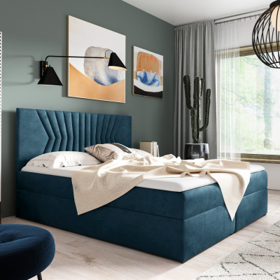 Čalouněná postel s prošívaným čelem AKIM - 140x200, modrá + topper ZDARMA