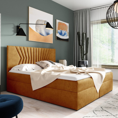Čalouněná postel s prošívaným čelem AKIM - 140x200, žlutá + topper ZDARMA