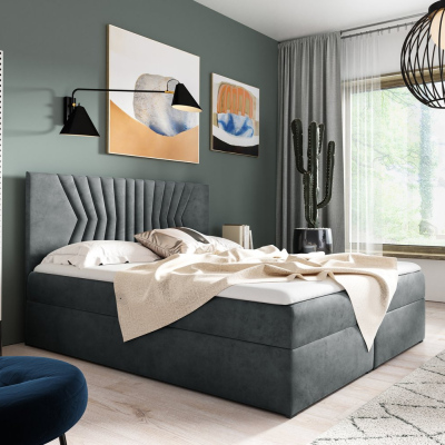 Čalouněná postel s prošívaným čelem AKIM - 160x200, šedá + topper ZDARMA