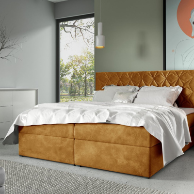 Postel boxspring s prošívaným čelem EUGENA - 140x200, žlutá + topper ZDARMA
