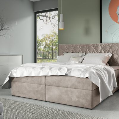 Postel boxspring s prošívaným čelem EUGEN - 140x200, béžová + topper ZDARMA