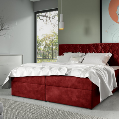 Postel boxspring s prošívaným čelem EUGENA - 120x200, červená + topper ZDARMA