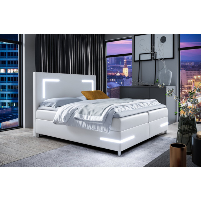 Čalouněná postel s osvětlením KAZIMA - 200x200, bílá + topper ZDARMA