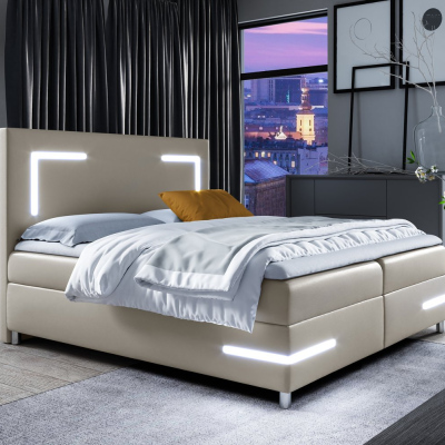 Čalouněná postel s osvětlením KAZIMA - 200x200, béžová + topper ZDARMA