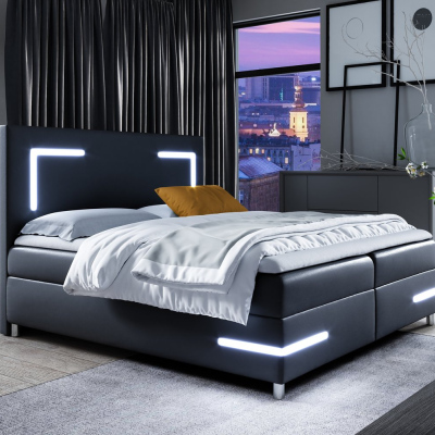 Čalouněná postel s osvětlením KAZIMA - 180x200, černá + topper ZDARMA