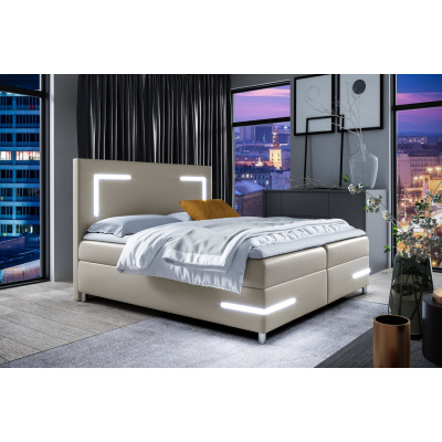 Čalouněná postel s osvětlením KAZIMA - 180x200, béžová + topper ZDARMA