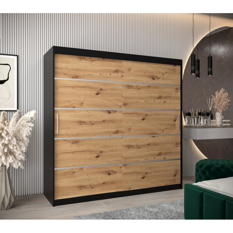 Šatní skříň ENNI - šířka 200 cm, černá / dub artisan