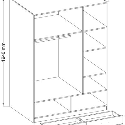 Šatní třídveřová skříň CRUELLA - šířka 135 cm, dub sonoma