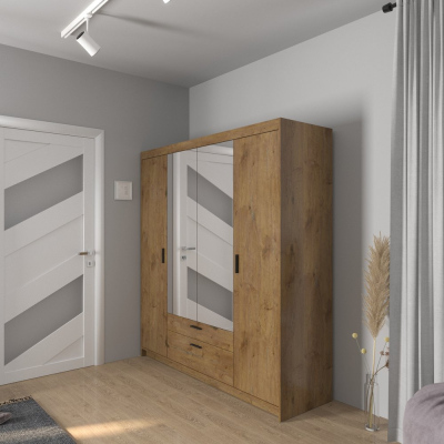 Čtyřdveřová šatní skříň se zrcadlem ADELINA - šířka 176 cm, dub lefkas