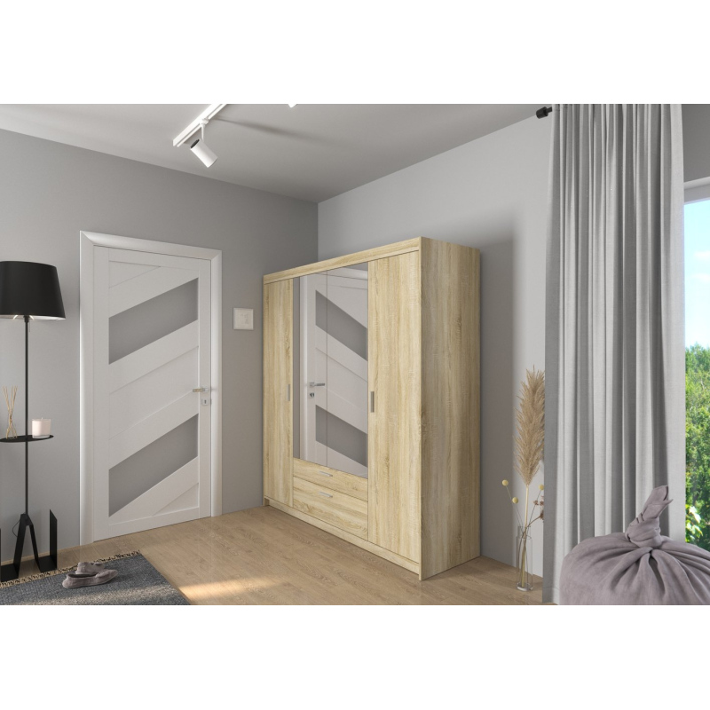 Čtyřdveřová šatní skříň se zrcadlem ADELINA - šířka 176 cm, dub sonoma