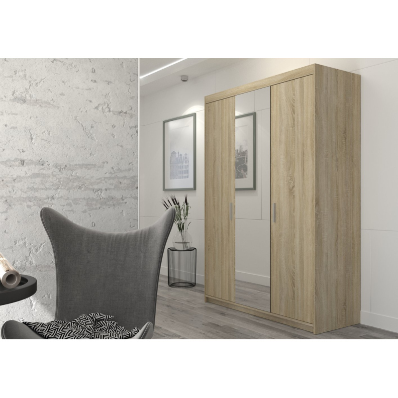 Třídveřová šatní skříň se zrcadlem ADELINA - šířka 133 cm, dub sonoma