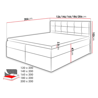 Boxpringová manželská postel 180x200 CLARA - černá ekokůže + topper ZDARMA