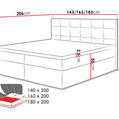Kontinentální manželská postel 180x200 CAROLA - černá ekokůže + topper ZDARMA