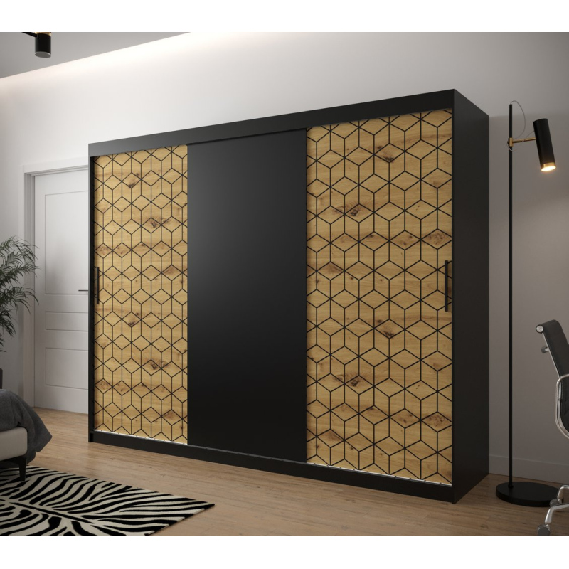 Šatní skříň s grafikou PERIANA - šířka 250 cm, černá / dub artisan