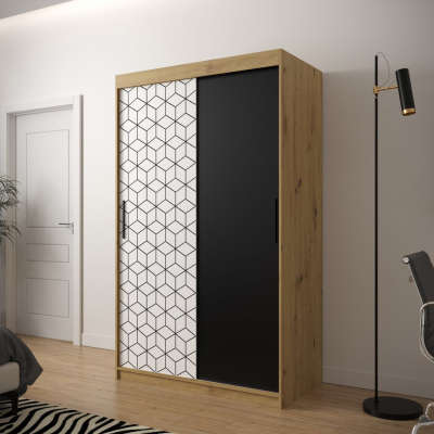 Šatní skříň s grafikou PERIANA - šířka 120 cm, dub artisan / bílá / černá