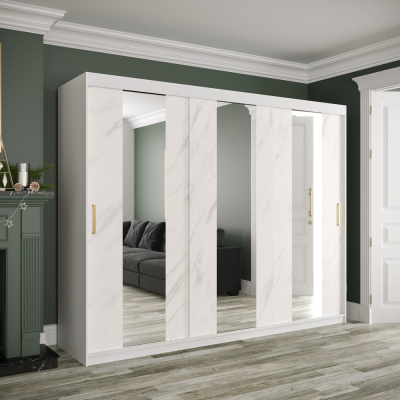 Šatní skříň s posuvnými dveřmi a zrcadly MAREILLE 4 - šířka 250 cm, bílá / bílý mramor