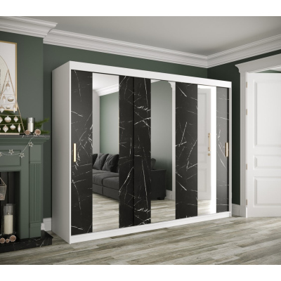 Šatní skříň s posuvnými dveřmi a zrcadly MAREILLE 4 - šířka 250 cm, bílá / černý mramor