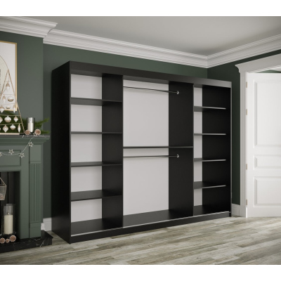 Šatní skříň s posuvnými dveřmi a zrcadly MAREILLE 4 - šířka 250 cm, černá / bílý mramor