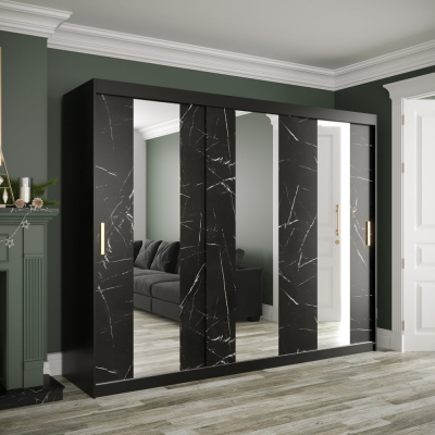 Šatní skříň s posuvnými dveřmi a zrcadly MAREILLE 4 - šířka 250 cm, černá / černý mramor