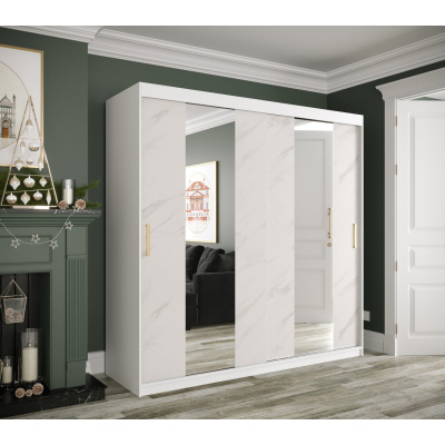 Šatní skříň s posuvnými dveřmi a zrcadly MAREILLE 4 - šířka 200 cm, bílá / bílý mramor