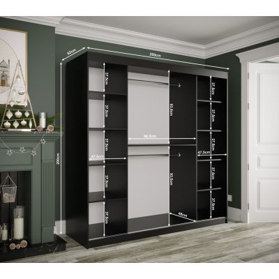 Šatní skříň s posuvnými dveřmi a zrcadly MAREILLE 4 - šířka 200 cm, černá / bílý mramor