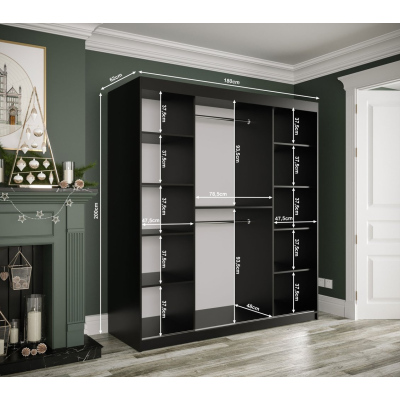 Šatní skříň s posuvnými dveřmi a zrcadly MAREILLE 4 - šířka 180 cm, bílá / černý mramor