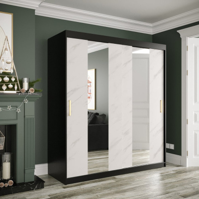 Šatní skříň s posuvnými dveřmi a zrcadly MAREILLE 4 - šířka 180 cm, černá / bílý mramor